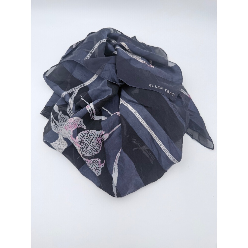 Ellen Tracy Sheer‎ Scarf Floral Abstract Navy Pink 32" Square Vintage